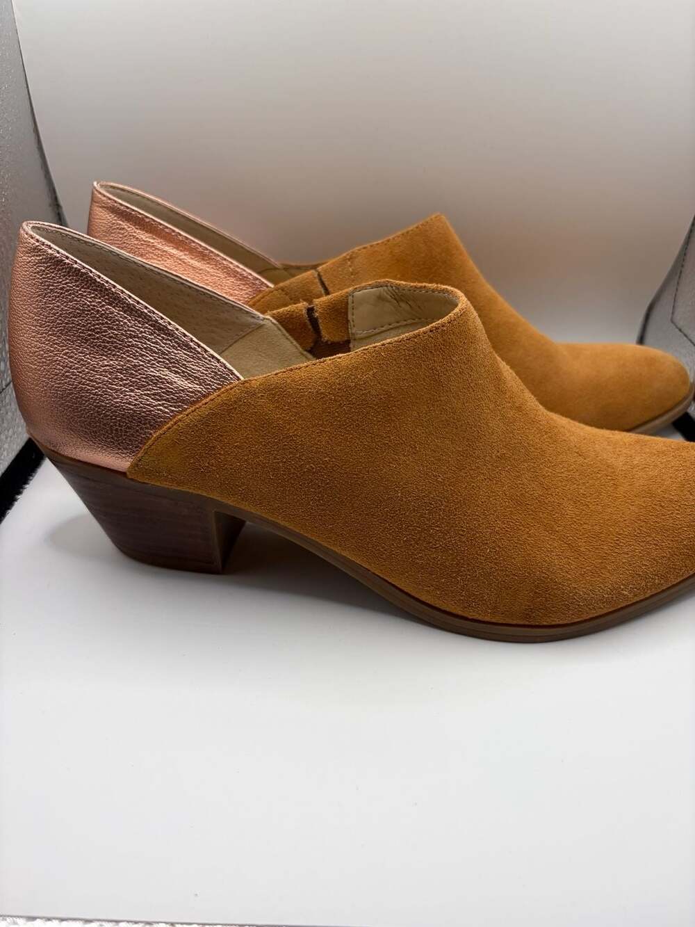 Katy Perry The Hope Brown Suede and Rose Gold Metallic Block Heel Shooties